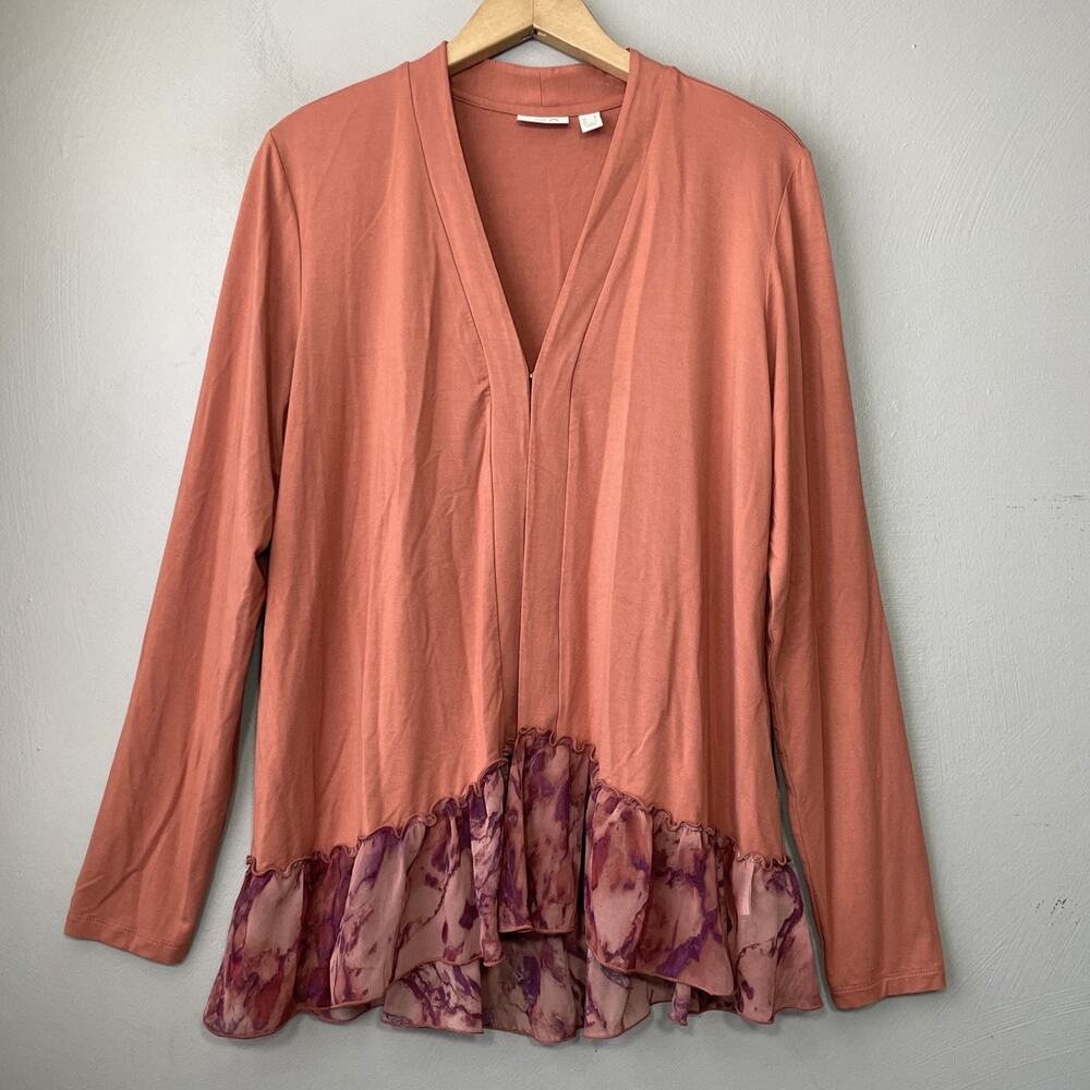 LOGO Lori Goldstein Layering Cardigan Size Medium Brick Boho Ruffled Lagenlook - Picture 1 of 12